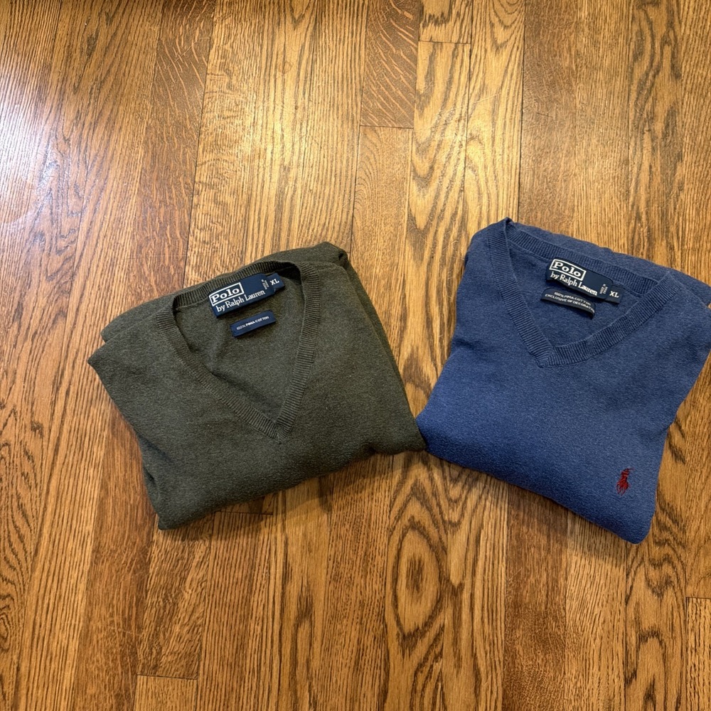 Polo Ralph Lauren Sweater Mens XL V Neck Pima Cotton Bundle Lot Of 2 Blue Green - Picture 2 of 12